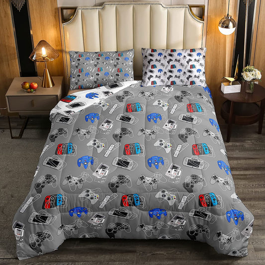 Gaming Comforter Set Twin for Boys Video Game Bedding Set Cartoon Gamepad Gamer down Comforter, Soft Microfiber Grey White Reversible Bedding Comforters Game Controllers Print