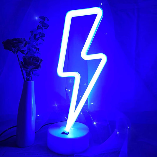 Lightning Bolt Neon Signs Lightning Neon Sign with Base for Bedroom LED Lighting for Room Decor for Teen Girls Gifts for Teenager Boys Usb/Battery Cool Gaming Light with Holder(Blue)