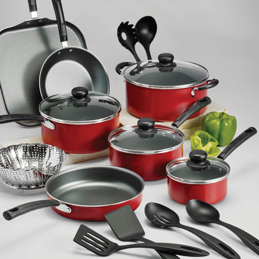 Primaware 18 Piece Non-Stick Cookware Set, Red.