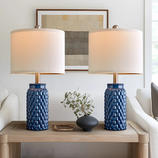 Modern Table Lamp Set of 2 for Bedroom Living Room 20.5" Contemporary Dark Blue Ceramic Bedside Nightstand Lamps