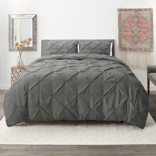 down Alternative Comforter Set with Pillow Shams, Pinch Pleated Comforter, 3-Piece Bedding Set, Queen/Full, Gray