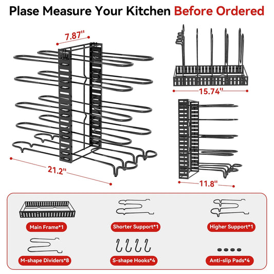 8 Tiers Pots and Pans Organizer, Adjustable Pot Rack with 3 DIY Methods for Cabinet Kitchen Organization Storage