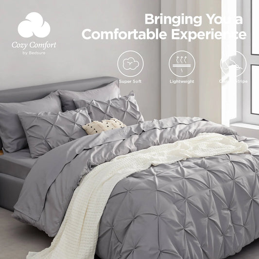 Queen Comforter Set - 7 Pieces Grey Comforters , Pintuck Bedding Sets for All Season, Bed in a Bag with Flat Sheet and Fitted Sheet, Pillowcases & Shams