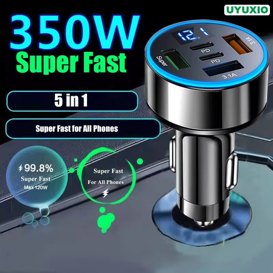 5 in 1 USB Car Phone Charger Adapter with Voltage Display Dual PD Port Super Fast Charge for Iphone Samsung Huawei OPPO